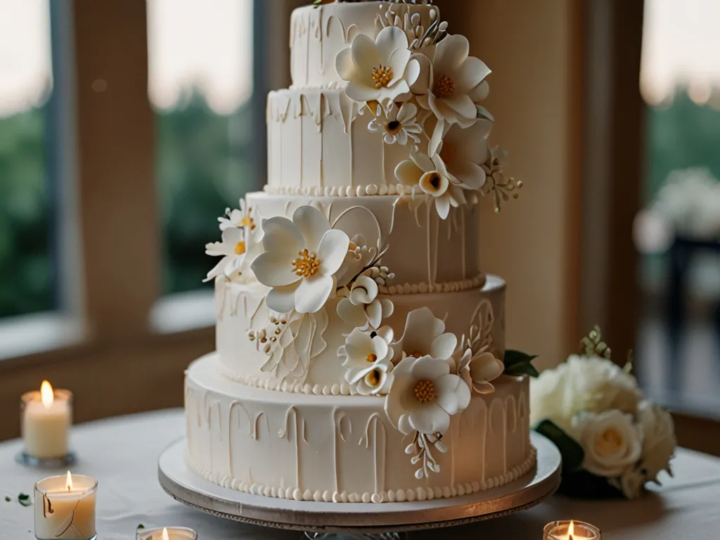 Elegant bröllopstårta med vita blommor