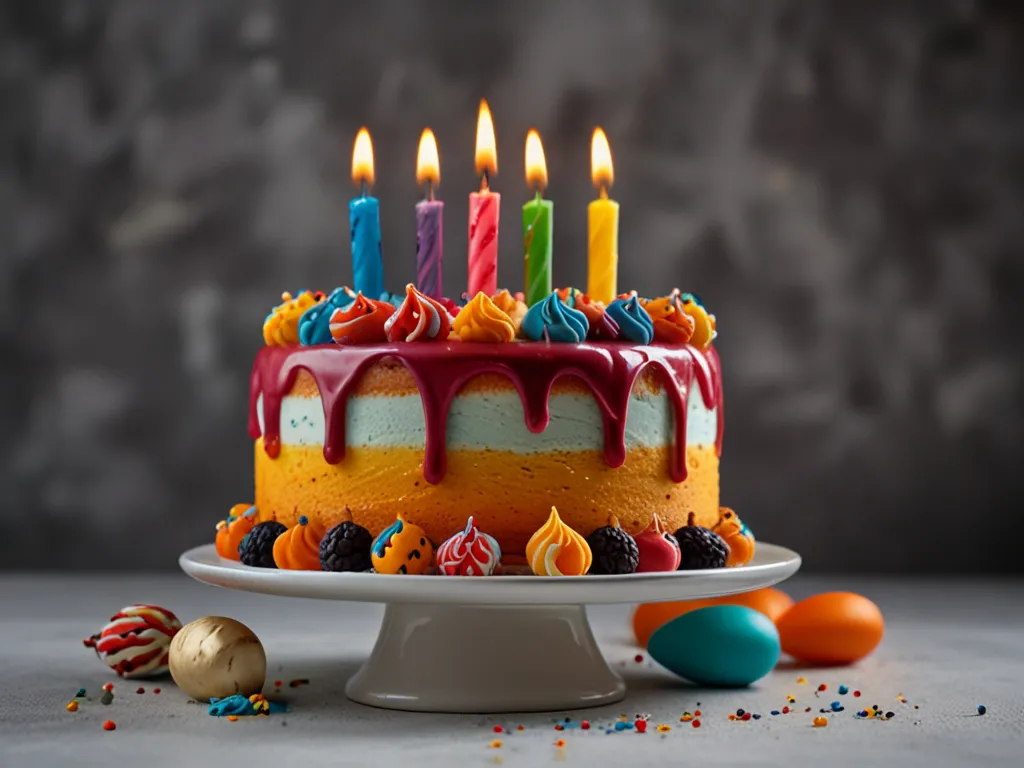 Färgglad födelsedagstårta med tårtljus